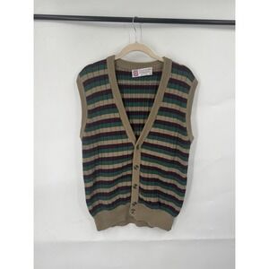 VTG‎ Slazenger Button Front Sweater Vest Striped Men M Green Brown Preppy Cabin